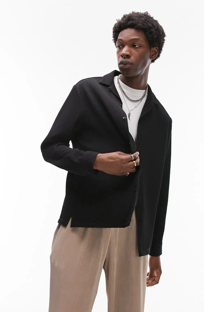 Topman Long Sleeve Regular Revere Plisse Shirt In Black