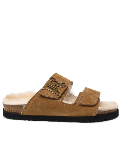 Palm Angels Shearling-lined Suede Slides In Brown