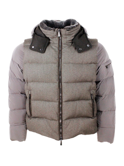 Moorer Bomber Down Jacket Made Of Fine Wool And Cashmere Flannel And Nylon Sleeves. Goose Down Padding. Col In Cacao