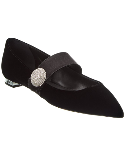 Aquazzura Crystal Macaron Embellished Satin-trimmed Velvet Point-toe Flats In Black