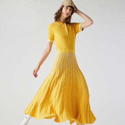 Lacoste 经典优雅 女装时尚竖纹修身显瘦连衣裙女polo短袖拼色连衣裙 In Yellow