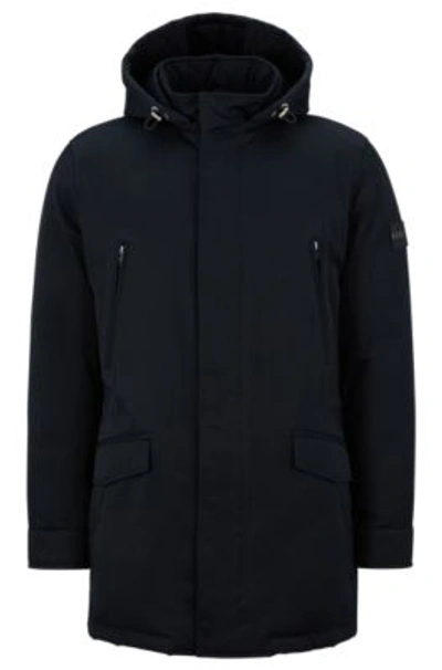 Hugo Boss Down-filled Hooded Jacket With Logo Patch In Dark Blue