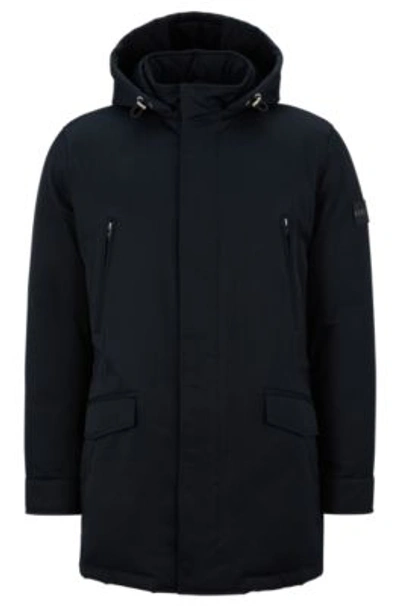Hugo Boss Down-filled Hooded Jacket With Logo Patch In Blue
