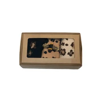 Sixton London Leopard Luxe Box Of 3 Socks With Bumble Bee Pin In Animal Print