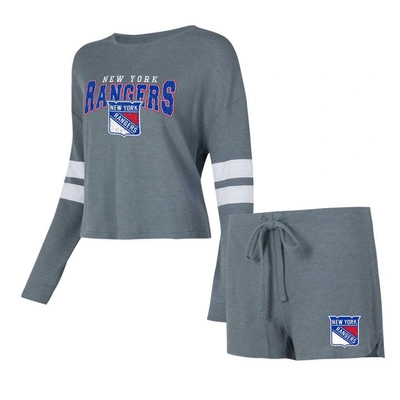 Concepts Sport Women's  Gray Distressed New York Rangers Meadowâ Long Sleeve T-shirt And Shorts Sleep