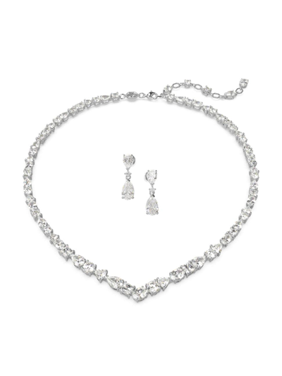 Swarovski Mesmera Mixed Cut Collar Necklace & Drop Earrings Set In Rhodium Plated In White