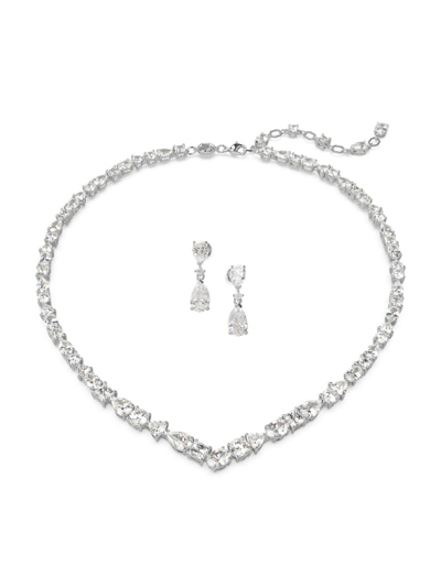 Swarovski Mesmera Mixed Cut Collar Necklace & Drop Earrings Set In Rhodium Plated In Clear
