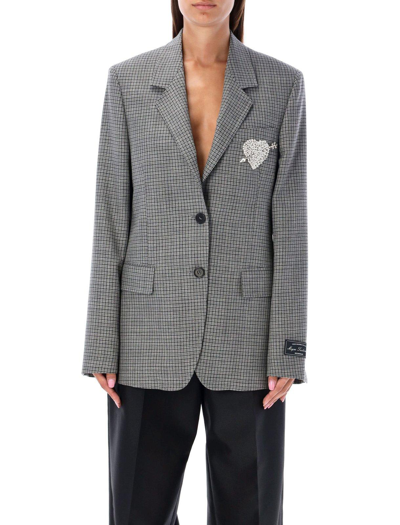 Msgm Embellished Single Breasted Checked Blazer In Grey