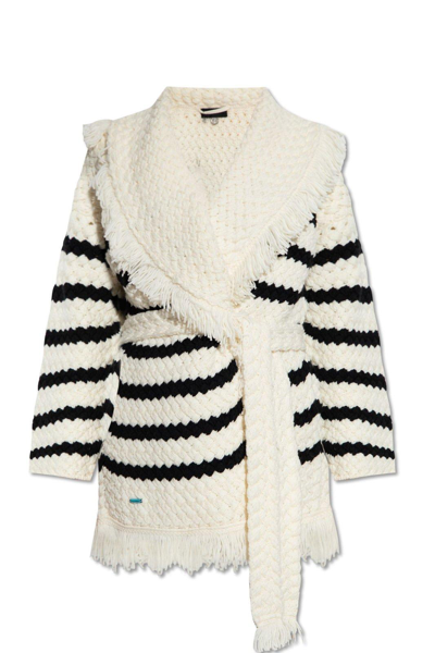 Alanui Belted Stripe Detailed Cardigan In White Black