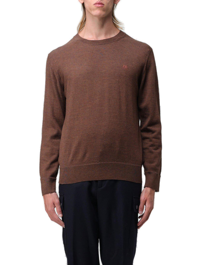 Etro Logo Embroidered Crewneck Knitted Jumper In Brown