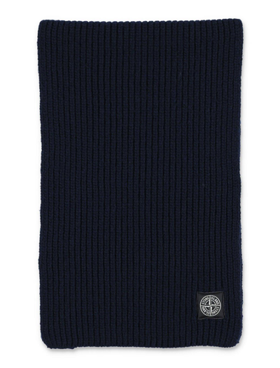 Stone Island Logo Patch Knitted Scarf In Blue