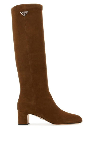 Prada Woman Brown Suede Boots In Sigaro