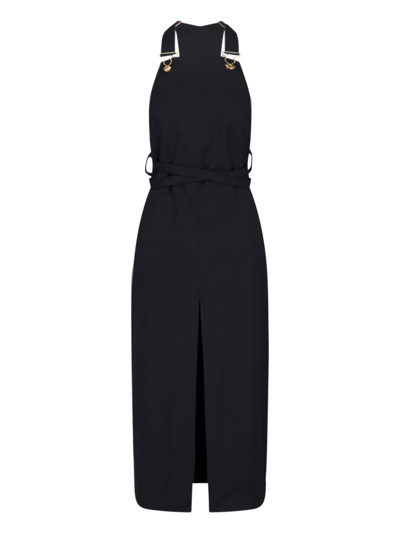 Patou Wool Dungaree Dress With Belt And Slit In Black