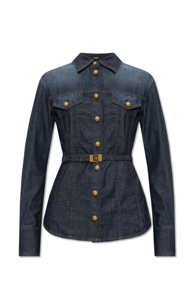 Balmain Belted Denim Shirt In Blue