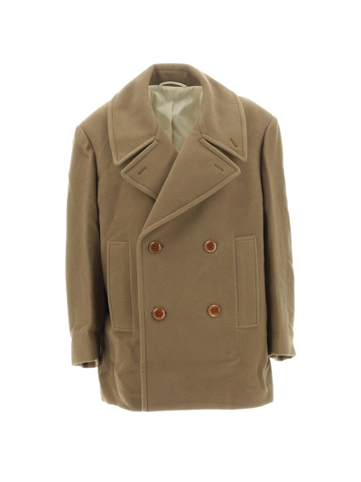 Lemaire Double-breasted Wool Pea Coat In Khaki