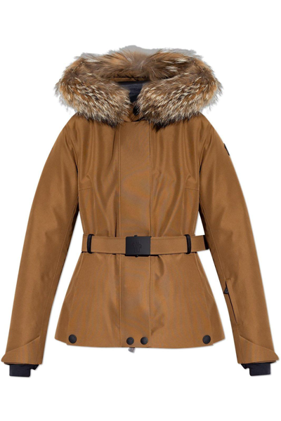 Moncler Grenoble Belted Fur Hooded Jacket In Brown