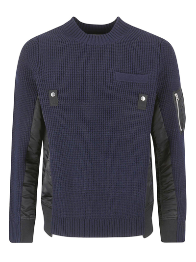 Sacai Long-sleeved Panelled Crewneck Jumper In Navy