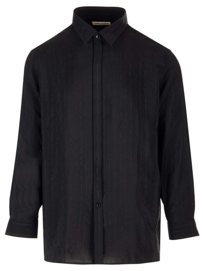 Saint Laurent Striped Silk Shirt In Shiny Black