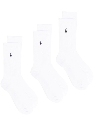 Polo Ralph Lauren Logo Embroidered 3-pack Crew Socks  In White