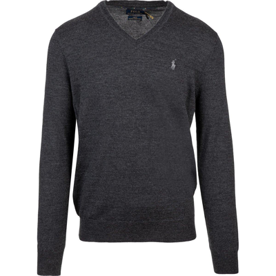 Ralph Lauren Logo Embroidered V-neck Jumper In Dark Granite