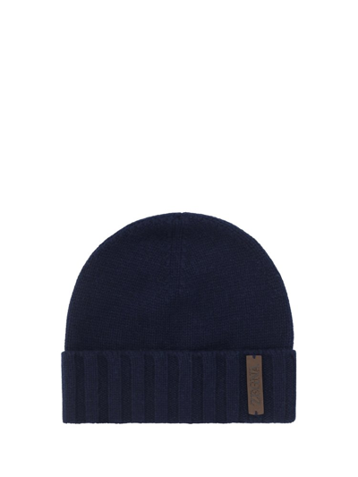 Z Zegna Oasi Logo Patch Beanie In Blue