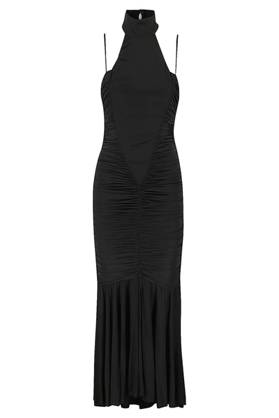 Versace Jeans Couture Denuded Shoulder Ruched Long Dress In Black