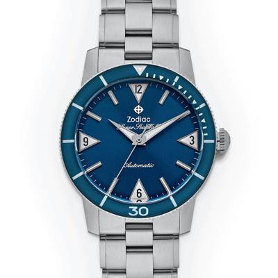 Pre-owned Zodiac Super Sea Wolf Automatic Blue Dial Blue Bezel Steel Bracelet Watch Zo9211