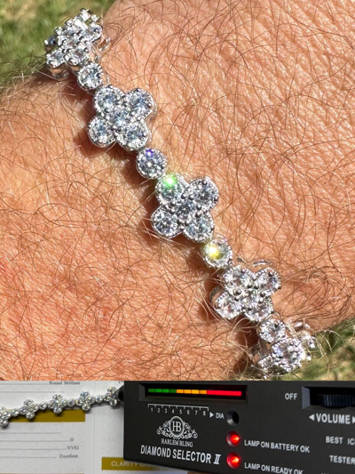 Pre-owned Harlembling Moissanite Real 925 Silver 10mm Iced Clover Flower Tennis Bracelet Mens Ladies In White/colorless