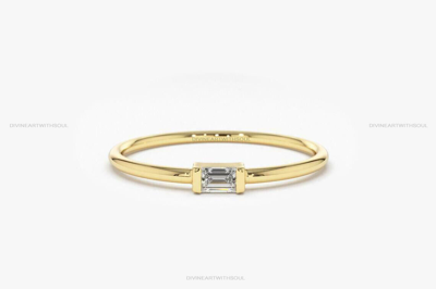 Pre-owned Handmade Solid Gold With Natural Brilliant Cut Baguette Diamond 14k Gold Stacking Ring In White