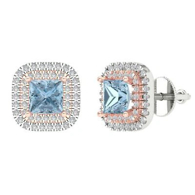 Pre-owned Pucci 2.52ct Princess Round Halo Classic Stud Real Aquamarine Earrings 14k 2 Tone Gold In D