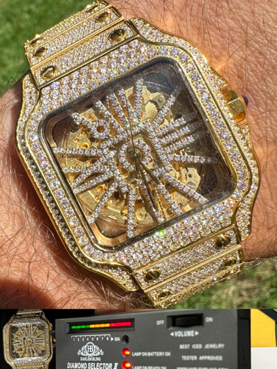 Pre-owned Hip Hop Real Mens Moissanite 14k Gold Watch Iced Automatic Movement  Skeleton