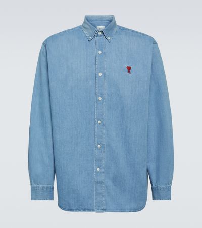 Ami Alexandre Mattiussi De Coeur Denim Button Down Shirt In Blue