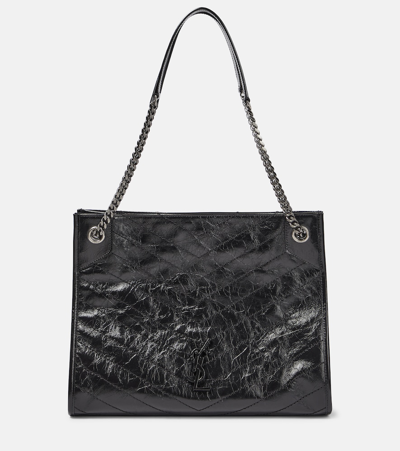 Saint Laurent Niki Medium Crinkled Calf Shopper Tote Bag In Black