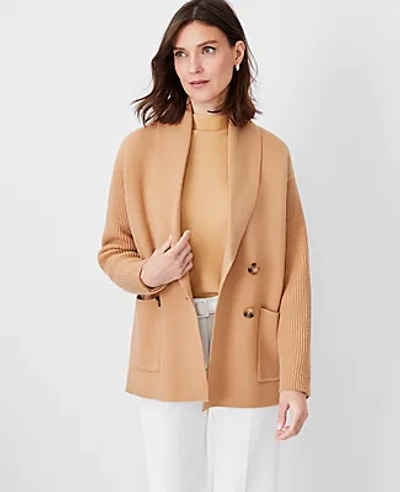 Ann Taylor Petite Shawl Collar Double Breasted Sweater Jacket In Dominican Sand