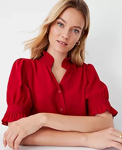 Ann Taylor Petite Ruffle Button Top In Gingham Red