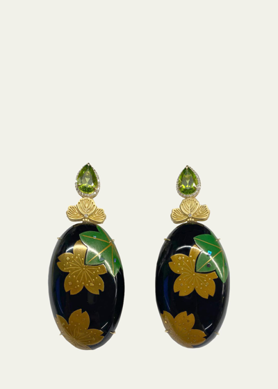 Silvia Furmanovich Yellow Gold Earrings With Maki Lacquer, Peridot, And Diamonds In Green