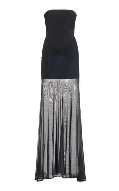 David Koma Ruched Cady And Mesh Gown In Black