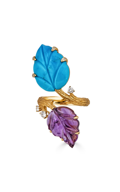 Piranesi One Of A Kind 18k Yellow Gold Amethyst; Turquoise; & Diamond Ring In Purple