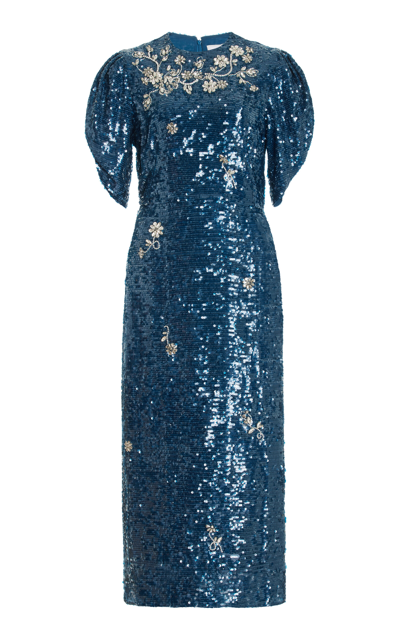 Erdem Crystal Embroidered Short-sleeve Sequin Midi Dress In Petrol