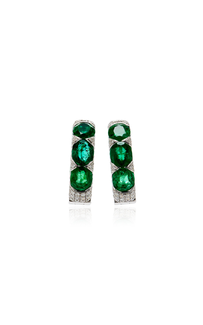 Piranesi 18k White Gold Emerald; Diamond Hoop Earrings In Green