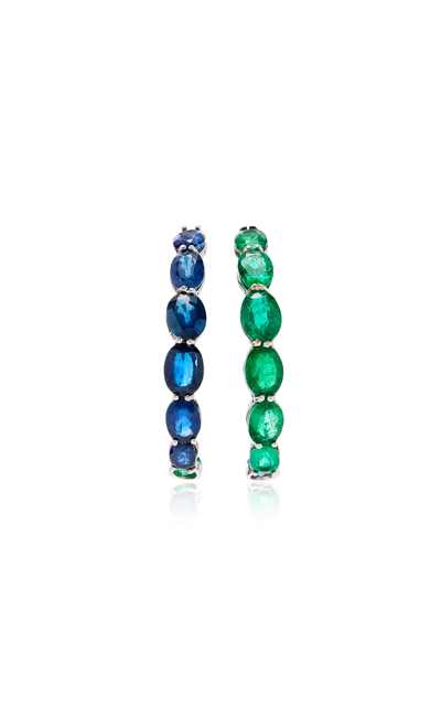Piranesi One Of A Kind 18k White Gold Emerald; Sapphire Hoop Earrings In Green