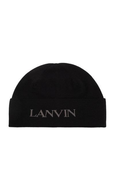 Lanvin Logo Embroidered Knitted Beanie In 9 Black/grey
