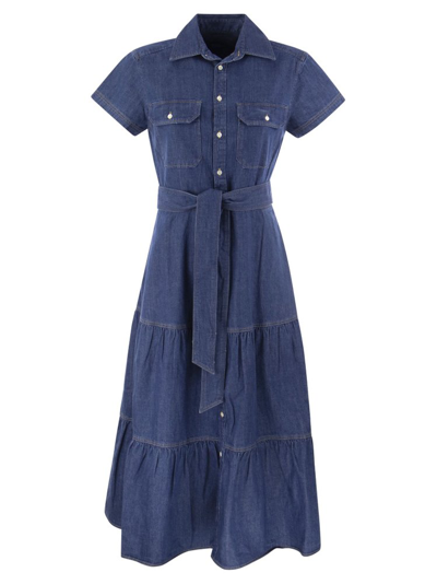 Polo Ralph Lauren Belted Tiered Denim Shirtdress Woman Midi Dress Blue Size 10 Cotton