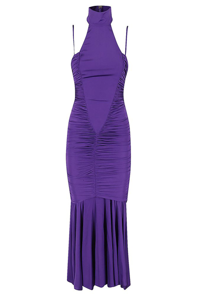 Versace Jeans Couture Denuded Shoulder Ruched Long Dress In Purple