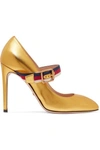 GUCCI CANVAS-TRIMMED METALLIC LEATHER PUMPS