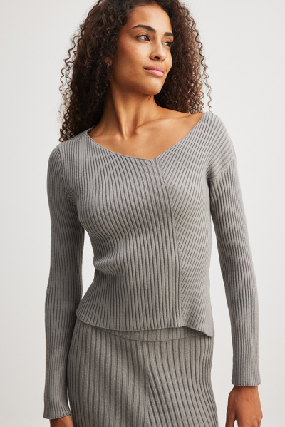 Na-kd Ribbed Knitted Assymetric Sweater In Dark Grey