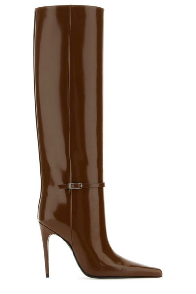 Saint Laurent Vendome Pointy Toe Patent Leather Boot In Brown