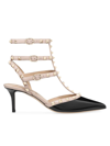 Valentino Rockstud Caged 65 Leather Ankle Strap Pump In Black Poudre