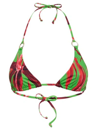 Louisa Ballou Mini Ring Bikini Top In Green With Red Flowers