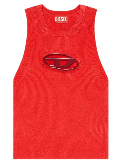 Diesel Top In Maglia Con Apertura Riempita E Logo In Metallo In Red